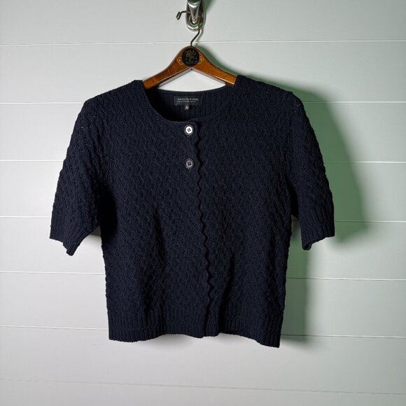 Jones New York Petite Large, Navy, 2 Button Short Sleeve Cardigan, Zig Zag - Picture 1 of 10